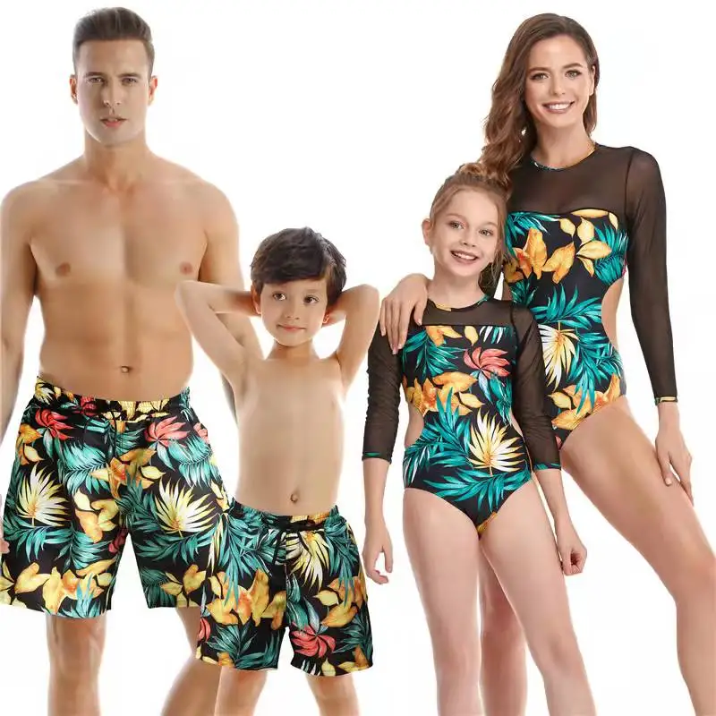 

Flower Family Matching Swimsuits Mesh Sleeve Mother Daughter Swimwear Quick-Try Father Son Swimming Shorts Mommy and Me Clothes
