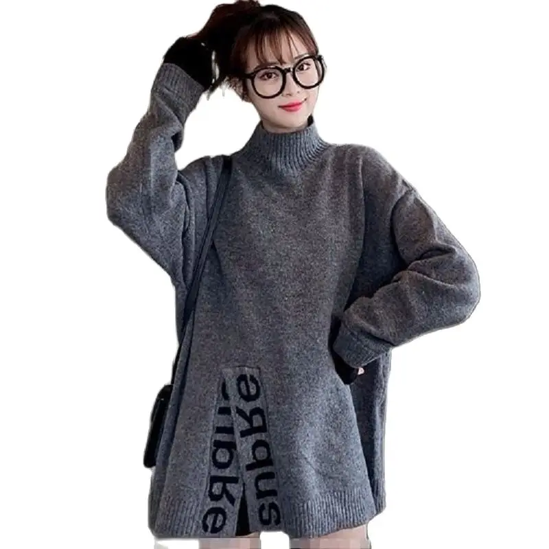 

Женский свитер средней длины с воротником средней длины, новинка зимы 2021, корейский стиль, Свободный пуловер для ленивых, верхняя одежда, тр...