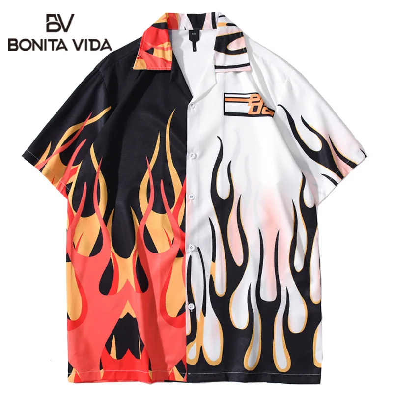 

Bonita Vida Summer Mens Vintage Black White Patchwork Shirt Flame Printed Short Sleeve Shirt Male Hawaiian Beach Harajuku Shirts