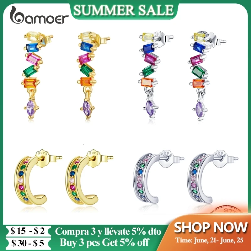 

bamoer Vintage Rainbow 925 Sterling Silver Square Zircon Stud Earrings Beating Color Earrings for Women Fashion Jewelry SCE1185