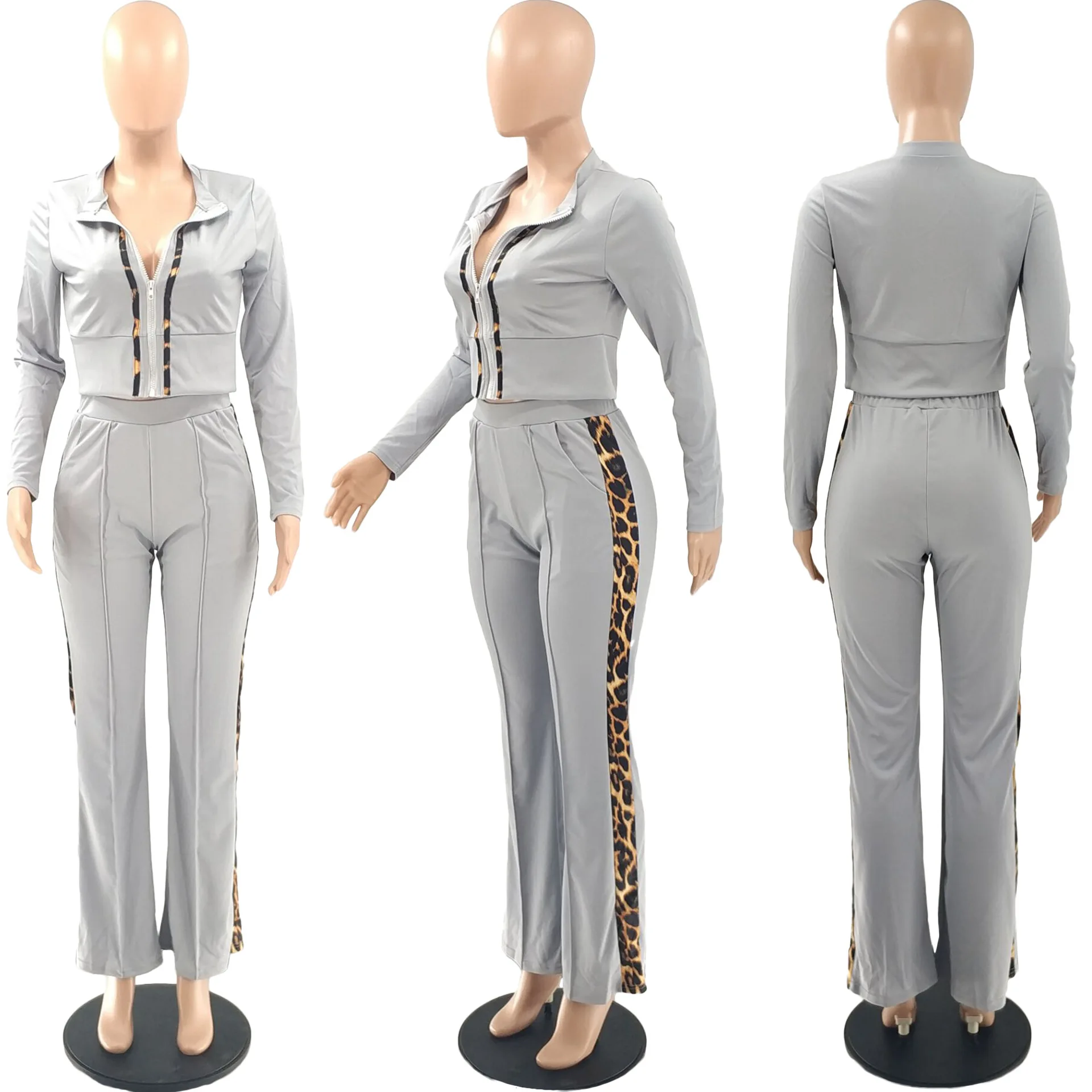 

New Leopard Pattern Stitching 2-Piece Set Spring 2021 Plus Size Women's Long-Sleeved Top + Trousers With Fashionable Casual Suit