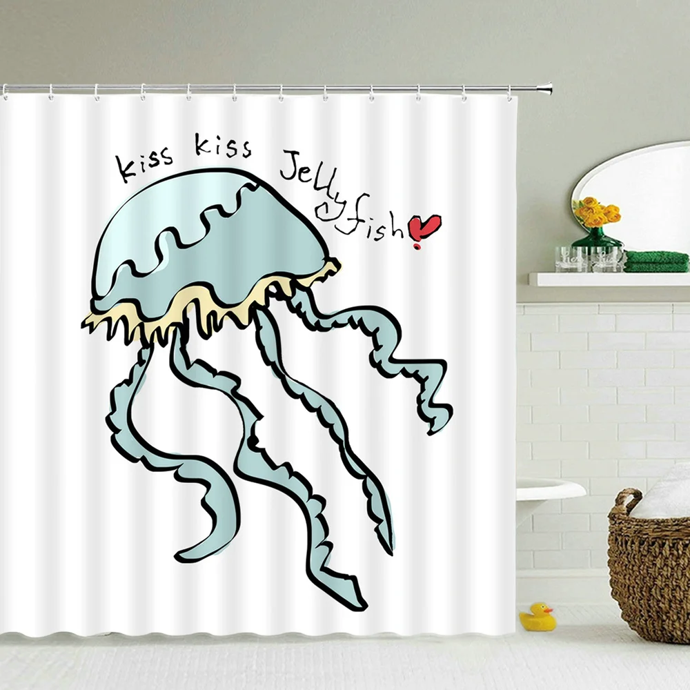Funny Cartoon Ocean Animal Shower Curtain Dolphin Fish Jellyfish Octopus Whale Shark Crab Creative Bathroom Home Decor Curtains | Дом и сад