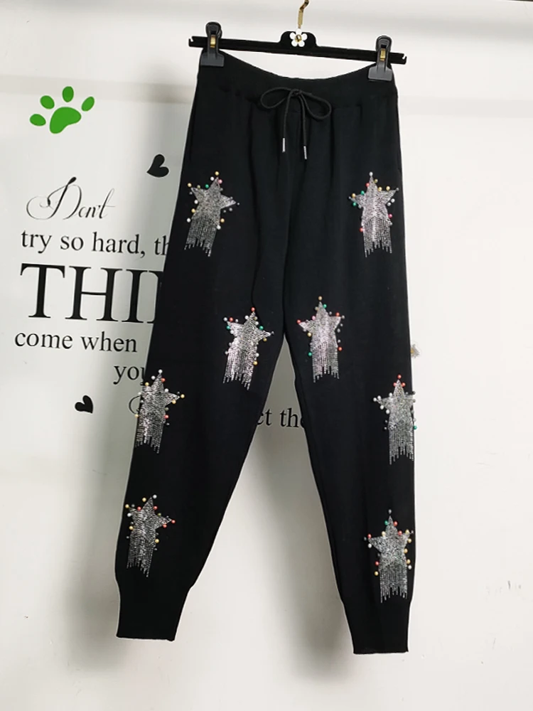 

Beaded Knitted Pants Women's Autumn Trosuer 2021 New Loose Elastic Waist Harem Pants Ankle Banded Leisure Black Knit Trousers