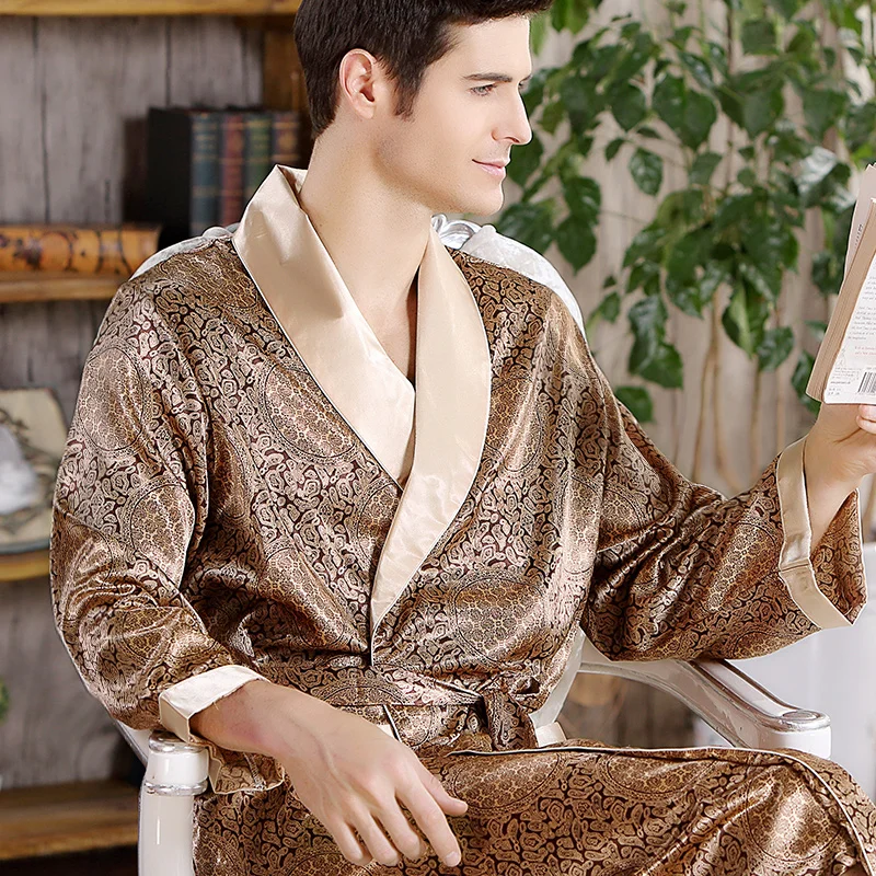 

Silk Bath Robe Men Sleepwear Plus Size 5XL Kimono Sleep Nightgown Satin Dressing Gown Bathrobe Shower Pajamas Male Long Sleeve