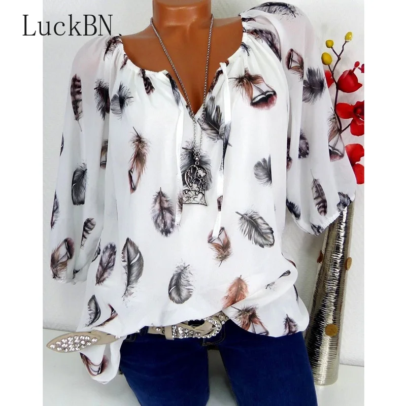 Блузка женская шифоновая с принтом перьев модный топ для отдыха свободная