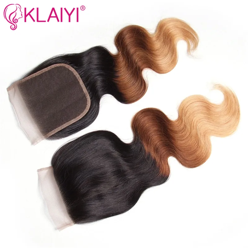 KLAIYI закрытие волос бразильское тело волна Кружева Закрытие свободная часть Remy человеческие волосы 4x4 дюймов швейцарское кружево T1B/4/27 Омбре верхнее закрытие