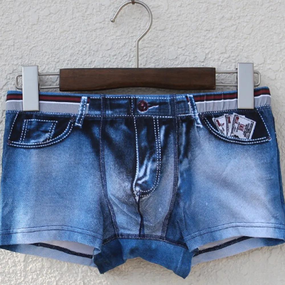 Мужское нижнее белье новинка модные джинсовые 3D три ди мужские с принтом боксеры