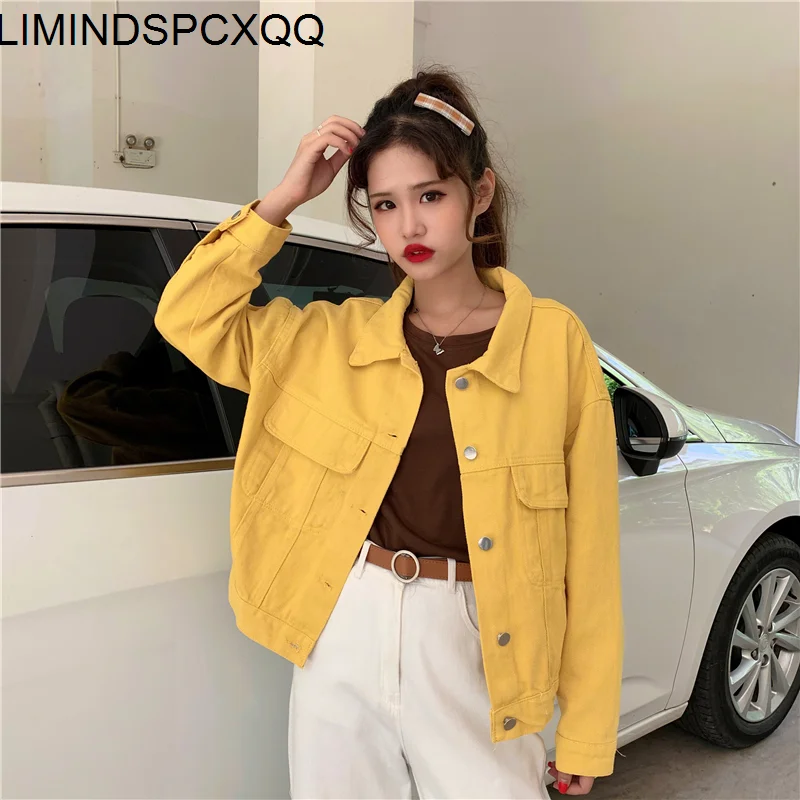 

Streetwear Women Korean Jacket Autumn Winter Commute Denim for Loose Long-sleeve Top Fashion Solid Single Breasted Coat Short