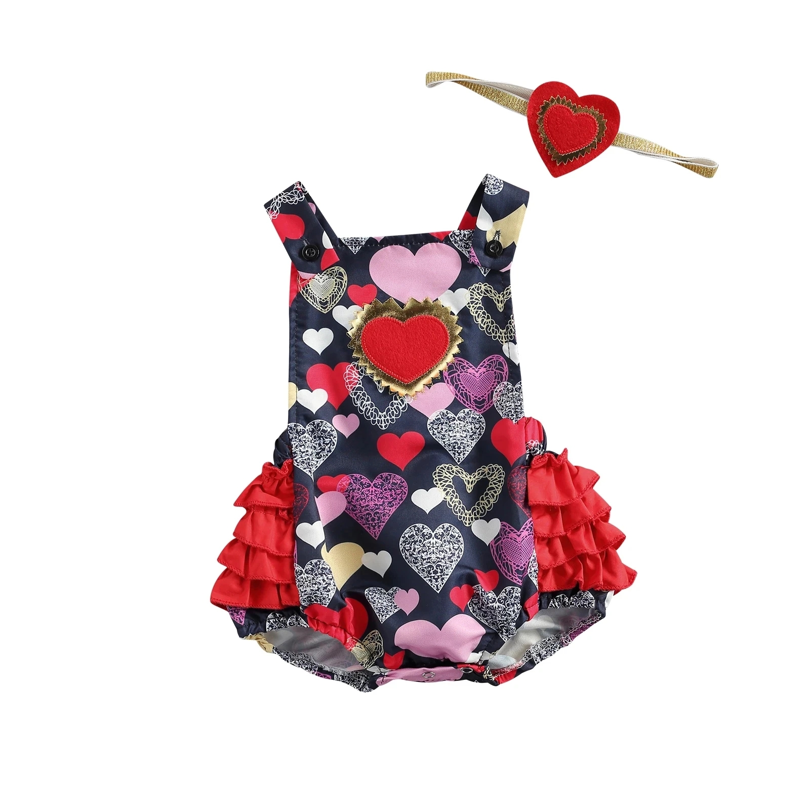 

Valentines Days Baby Girls Bodysuits Headband 2pcs LOVE Heart Print Ruffles Sleeveless Jumpsuits