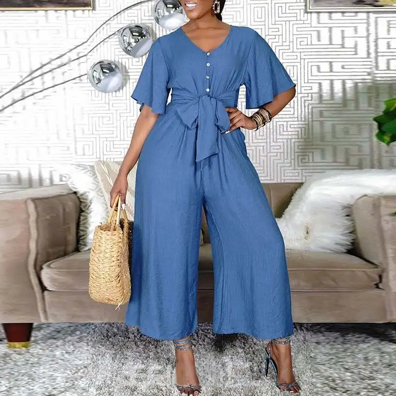 

Summer Denim Jumpsuits Women Casual Button Up Playsuits Wide Leg Overalls VONDA Casual Short Sleeve V Neck Pantalon