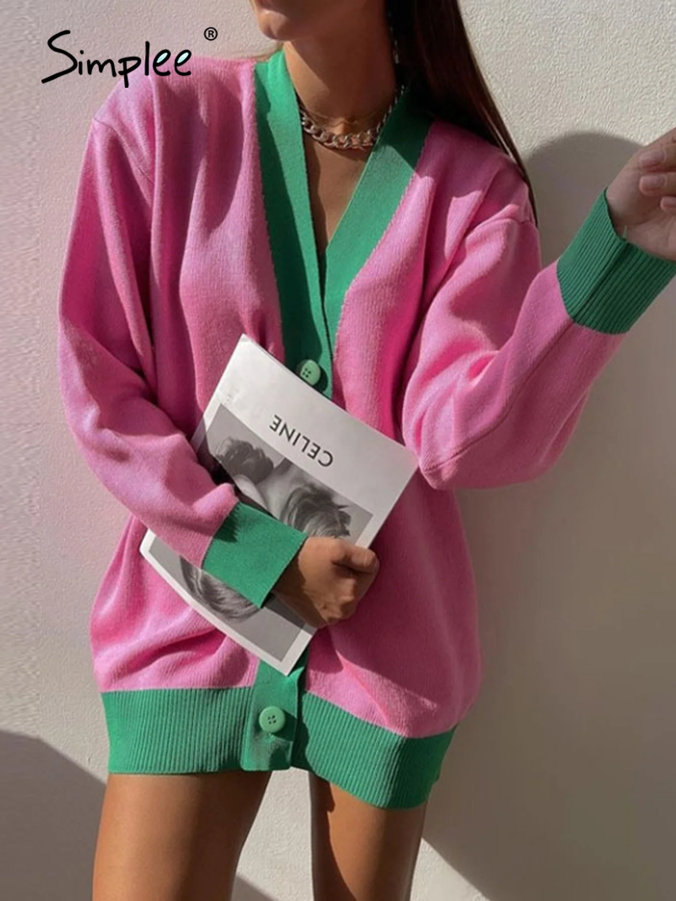 

Simplee Causal color block autumn cardigan women Za oversize soft lady fashion sweater cardigan Winter black white top coat 2021