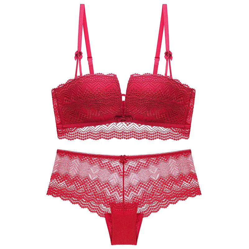 

The new small chest gathered four-corner cup no steel ring bra set sexy lace underwear 8050