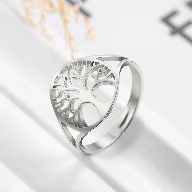 LIKGREAT Hollow Tree of Life Ring for Women Men Gold Silver Color Stainless Steel Adjustable Rings Fashion Jewelry Accessories | Украшения