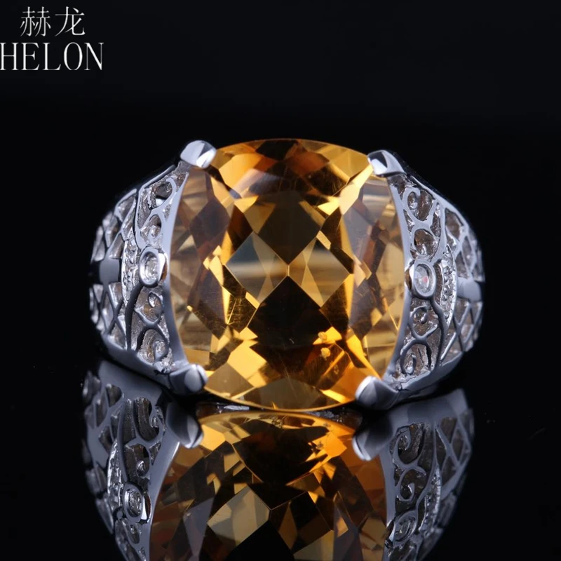 

HELON Solid 14k White Gold Flawless Cushion 14x12mm 100% Genuine Citrine Diamonds Engagement Wedding Fine Jewelry Diamond Ring
