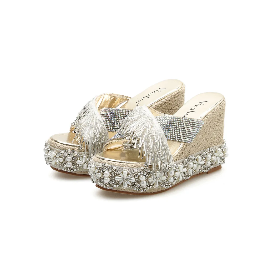 

High-Heeled Shoes Lady Glitter Slides Woman's Slippers Low String Bead On A Wedge Fashion Jelly 2021 Soft Luxury Crystal Basic P
