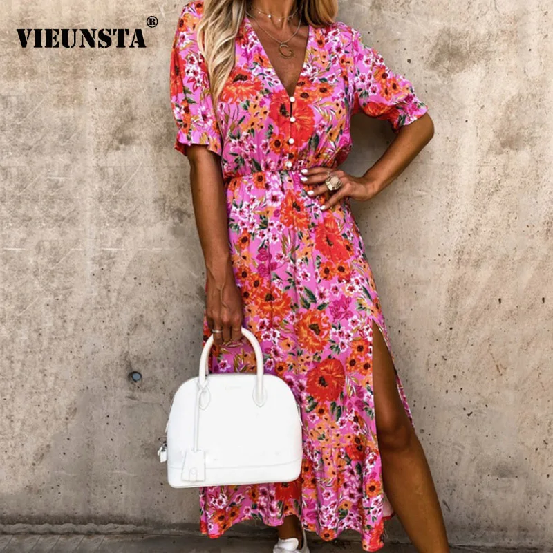 2021 летние Цветочный принт с коротким рукавом платье разрезами женское