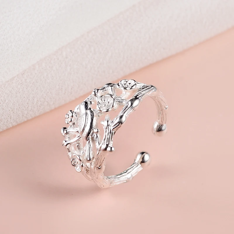 

Hot Sale 925 Sterling Silver bird branches Ring For Women Original Fine Jewelry Gift Open Adjustable Finger Ring