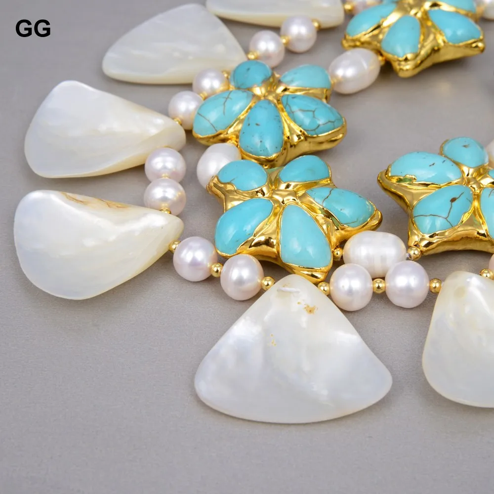 

GG Jewelry 2 Strands Cultured White Freshwater Pearl Blue Turquoises Flower White Shell Necklace 20" For Women