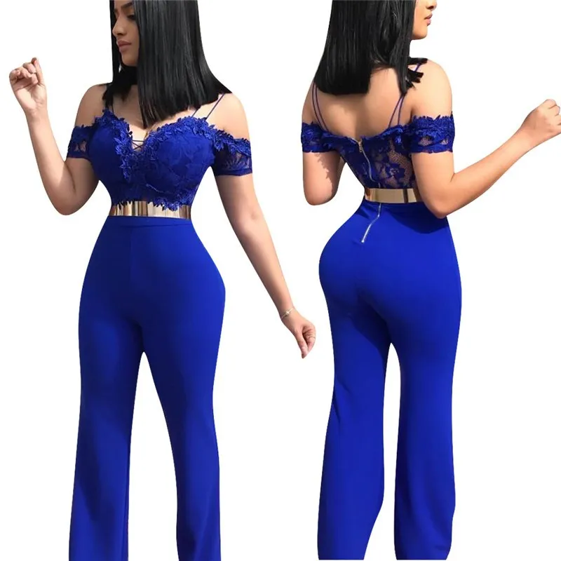 2019 Синий Розовый обтягивающий кружевной комбинезон с широкими штанинами женские