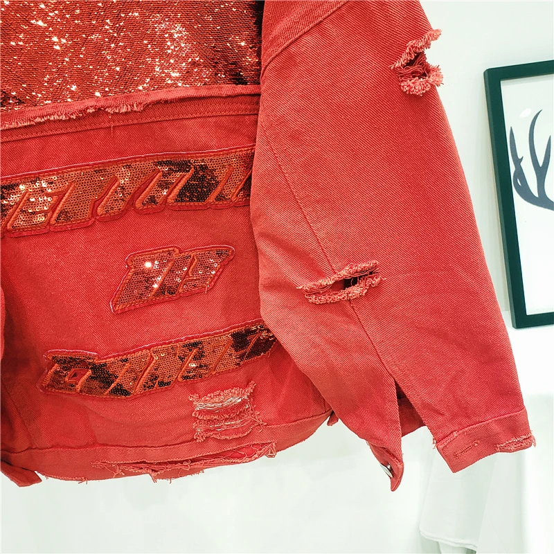 

2021 Spring Autumn Fashion Holes Frayed Sequins Short Denim Jacket Women Outwear Korean Loose Red Black Jeans Jacket Coat Female