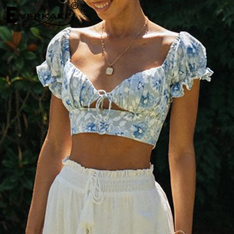 

Everkaki Bohemia Floral Print Mini Top T-shirt Women Boho Summer Beach Sexy Bow Tied Boho Short Tops Shirts T-shirt Female 2021