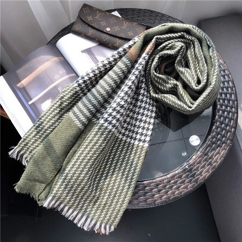 

2021 new women autumn scarf luxury, imitation cashmere spring plaid houndstooth Comfortable thick warm plaid scarves shawls