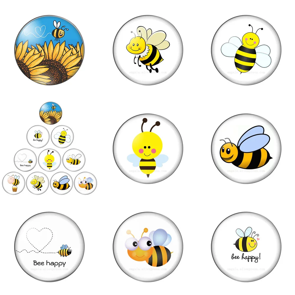 

Cartoon Bees Be Happy Patterns Round Photo Glass Cabochon Demo Flat Back Making Findings 10mm/12mm/18mm/20mm/25mm/30mm