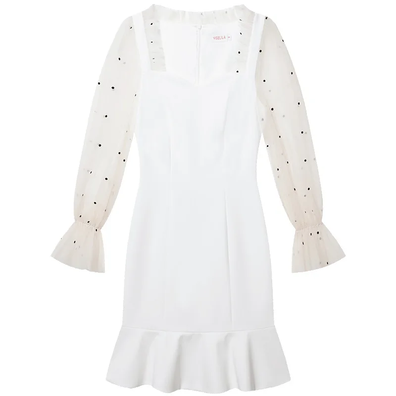 Yigelila summer new White V-Neck Lantern Sleeve sexy slim package hip skirt dress 64204