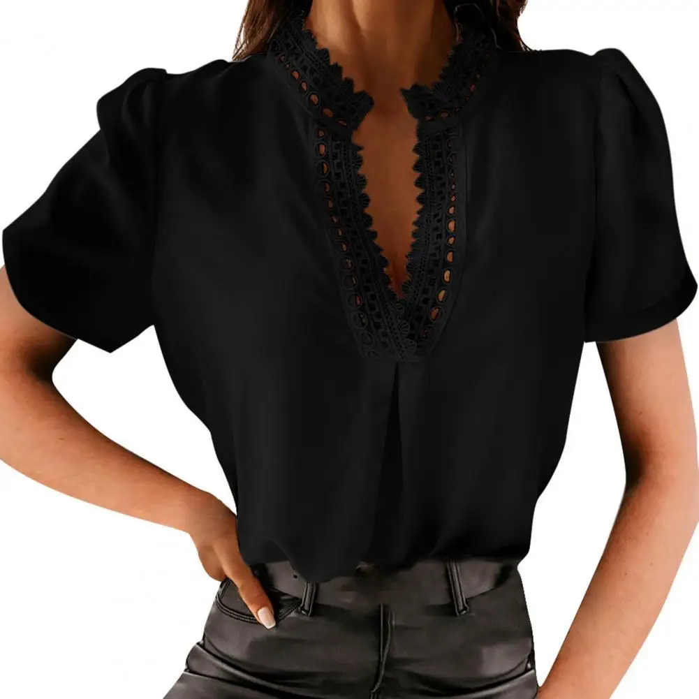 

T-shirt Short Sleeve Lace Deep V Neck Top Women Solid Color Hollow Out Blouse for Office Casual T shirt Blouse Shirts Tops tee