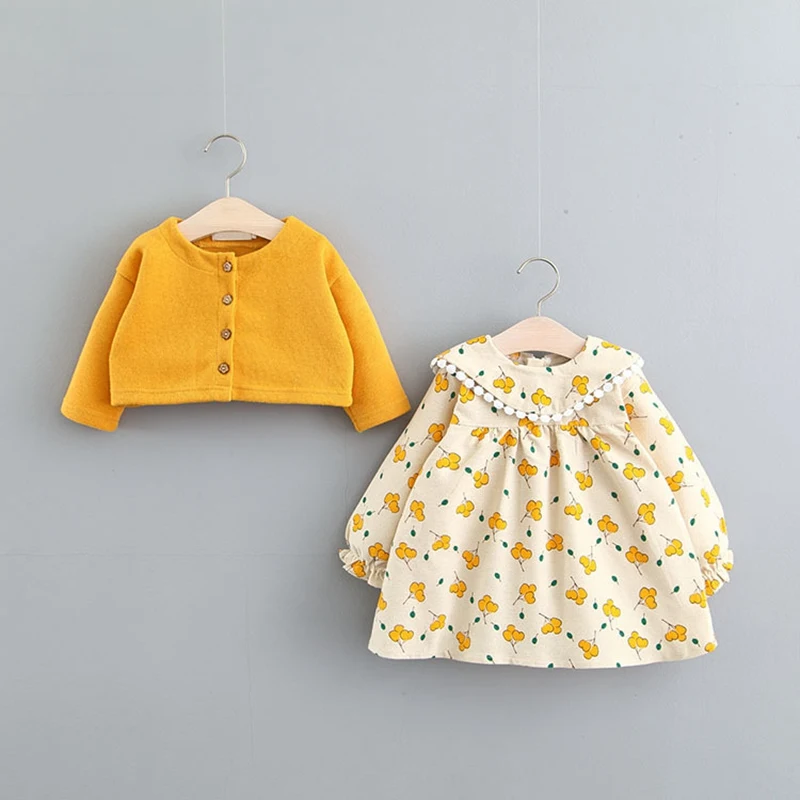 2019 г. Осенний комплект одежды принцессы платье с принтом + пальто длинными