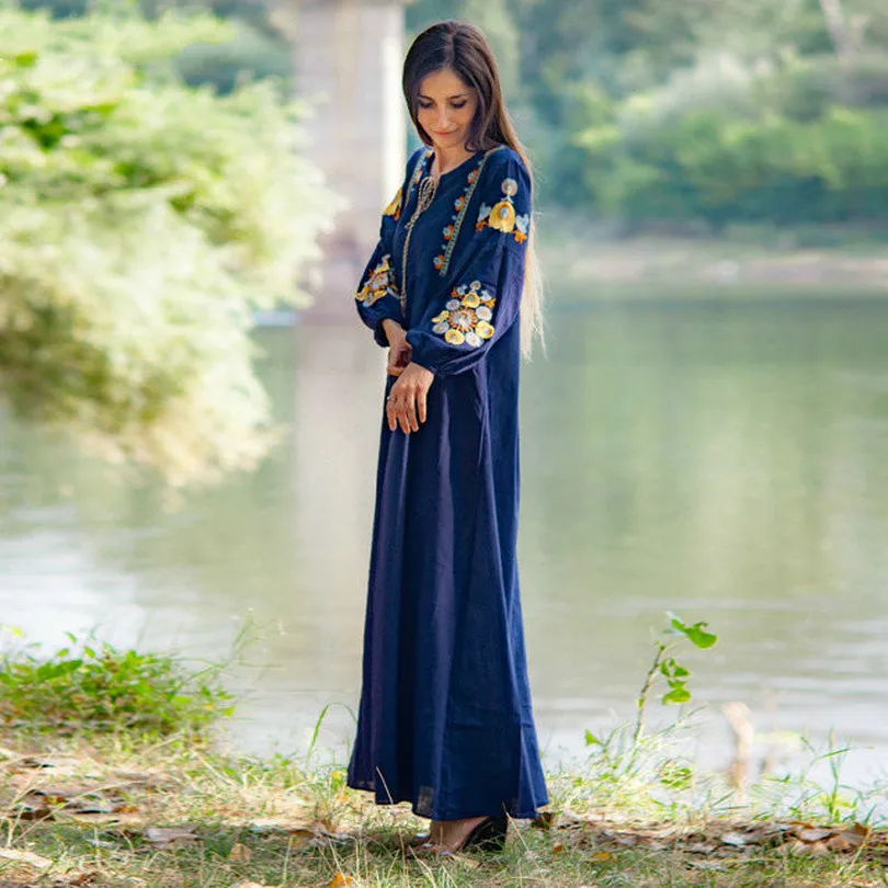 Длинное платье макси для женщин элегантное винтажное с цветочной вышивкой и