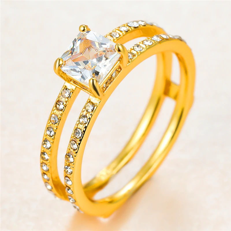 

Luxury Female White Rhinestone Ring Charm Gold Color Hollow Wedding Rings For Women Cute Bride Square Zircon Engagement Ring