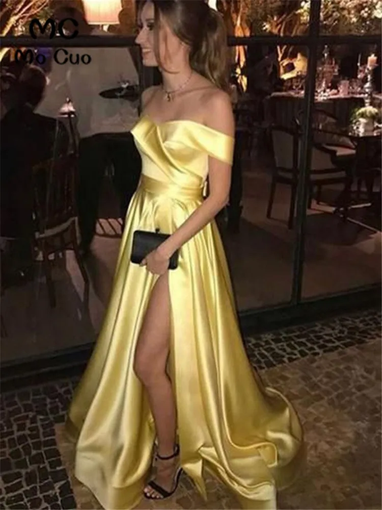 

Yellow Off Shoulder Evening Dresses Long V-neck Front Slit Brush Train Satin Prom Dress Satin Evening Dress for Women
