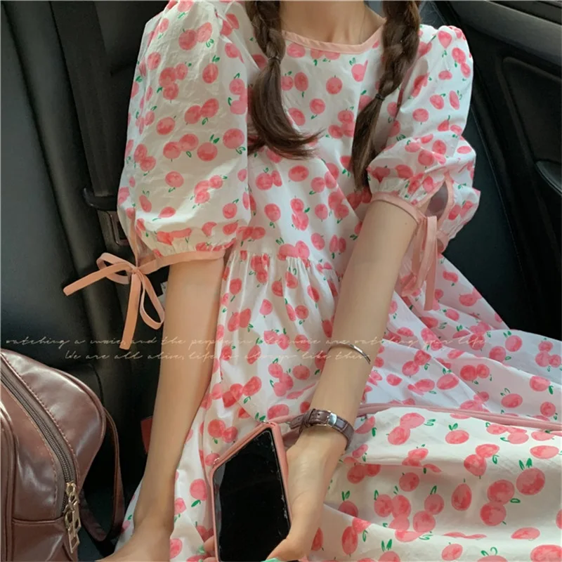 

Japanese Summer Cute Soft Girl College Style Dress Kawaii O-Neck Bow Sweet Puff Sleeve Cherry Printing Vintage Long Dresses