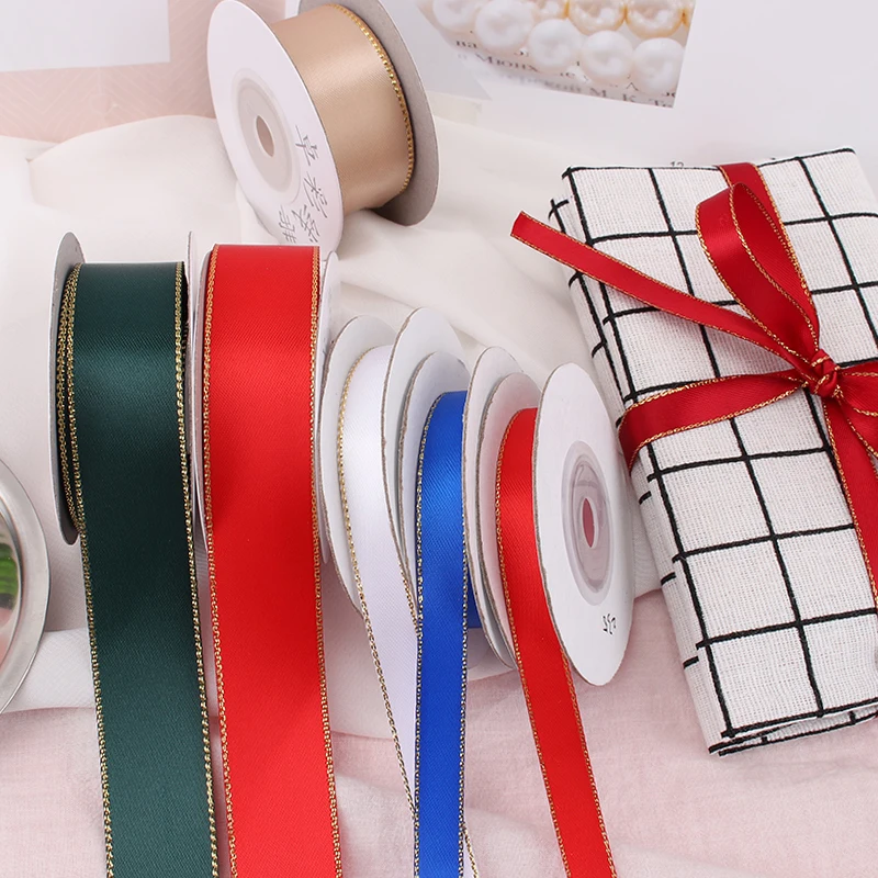 

5M/Roll Milky White Gold Rim Polyester Ribbon Satin Ribbon Wedding Cake Gift Decoration Sewing Craft Color Ribbon Knitting
