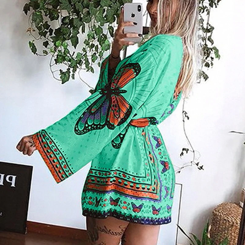 

Vintage Harajuku Lace-Up Loose Beach Dress Summer Elegant Butterfly Print Women Party Dress 2021 Fashion Sexy V-Neck Mini Dress