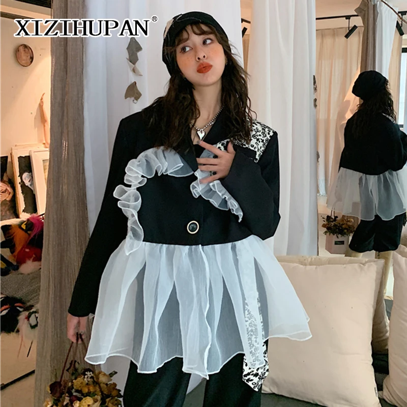 

Женский винтажный блейзер с оборками XIZIHUPAN, свободный осенний блейзер с отложным воротником и длинным рукавом, модная одежда 2021