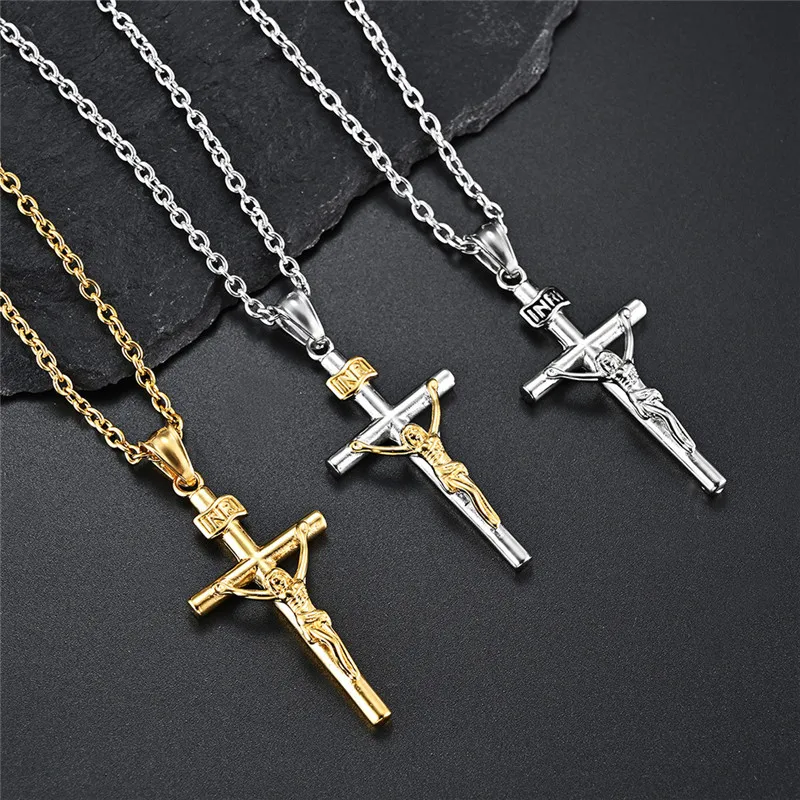

Christian INRI Jesus Cross Necklaces Stainless Steel Crucifix Pendant Collare For Male Religious Jewelry
