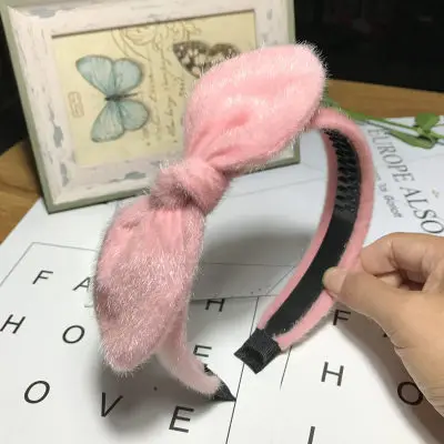 Pink 1 шт., новинка, повязка на голову, однотонные аксессуары для волос, повязка на голову с бантом, милые головные уборы с кроличьими ушами, норковый мех, обруч для волос - Цвет: Pink
