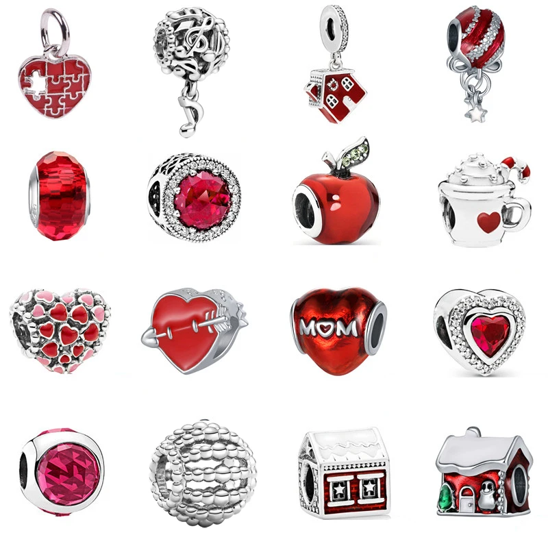 

2021 Zircon Fashion Bead Love Heart Red Apple Fit Original Pandora Charms Silver Color Bracelet Bangle Women Jewelry Accessories