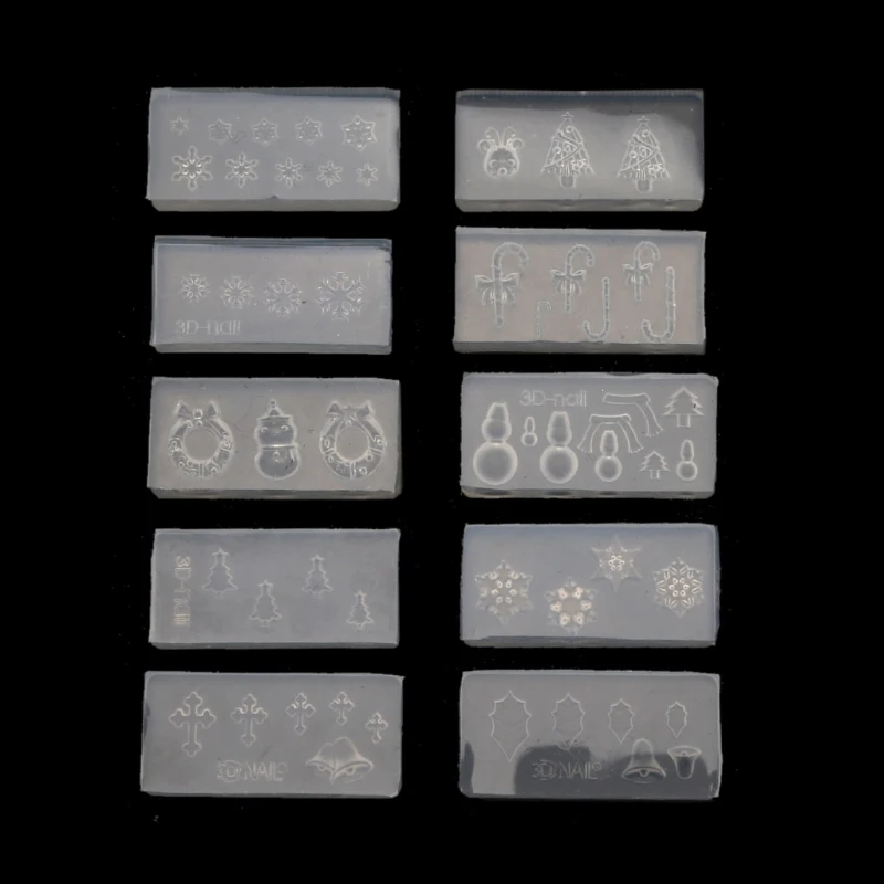 

10Pcs Christmas Theme Snowflake Snowman Nail Art Silicone Mold Kit Christmas Tree Deer Carving Molds Kit Art Craft Tools