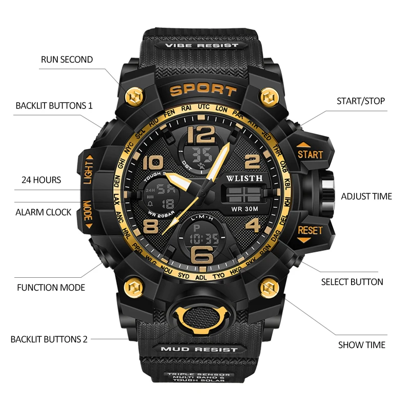 

WLISTH brand watch mens outdoor waterproof large dial electronic watch luminous electronic orologio uomo b