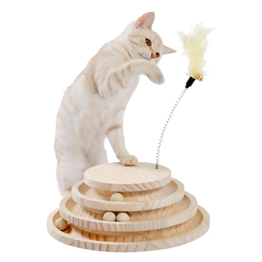 

Wooden Cat Toy Three Layer Cat Turntable Interactive Play Track Tower Funny Track Ball Rotating Disk with Swing Feather Toy