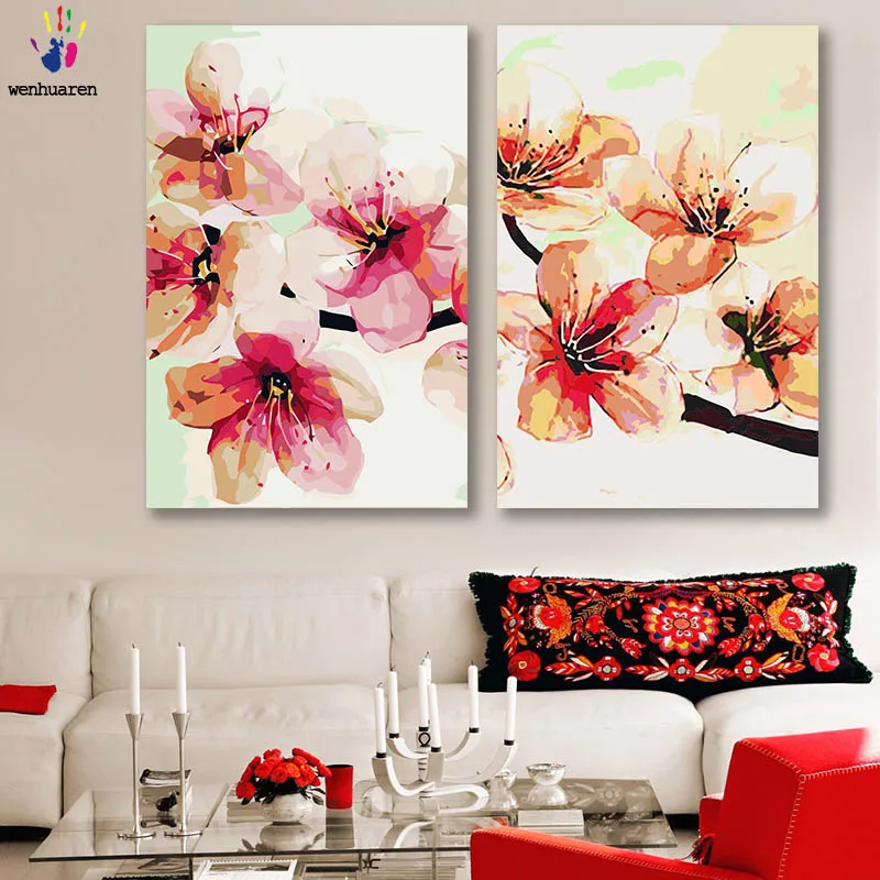 

DIY colorings pictures by numbers with colors peach blossom picture drawing painting by numbers framed Home decor Two pieces