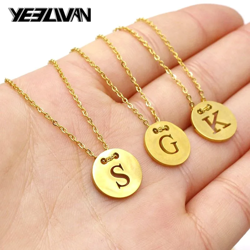 

2021 New Trend Stainless Steel Disc Initial Letter Alphabet Chain Choker Necklaces 26 Initial Name Couple Necklace Women Gift