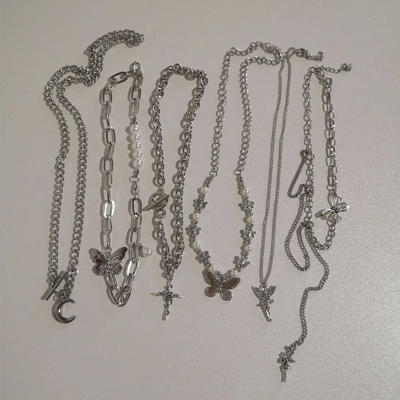 

Vintage 90S Butterfly Cross Angel Pendant Imitation Pearls Grunge Metal Necklace for Women Man Cool Guy Y2K Jewelry
