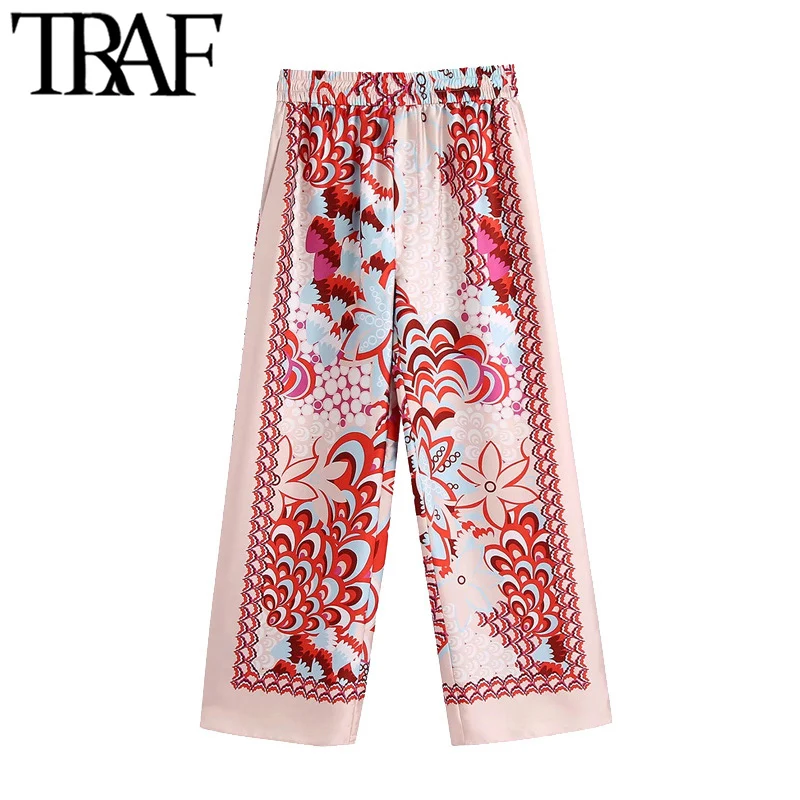 

TRAF Women Chic Fashion Patchwork Floral Print Wide Leg Pants Vintage High Elastic Waist Female Ankle Trousers Mujer