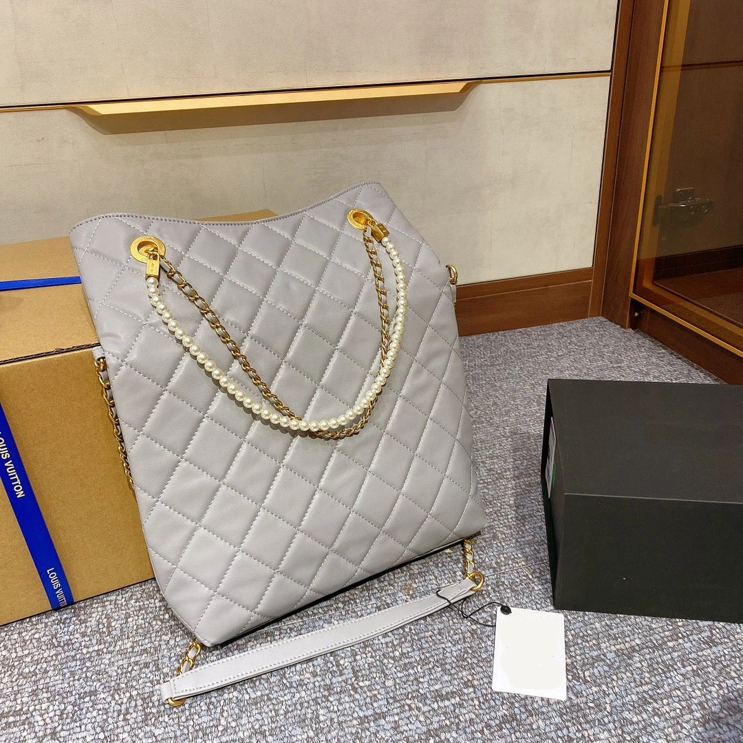 

With Logo New Autumn and Winter Diamond Check Chain Bag Pearl Handbag Shoulder Bags Folding Shopping Bag Large Capacity Tote Bag