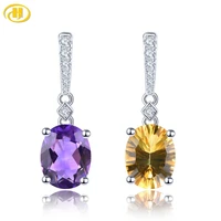 natural amethyst citrine silver drop earring color mix style 3 2 carats genuine gemstone concave faced cut s925 fine jewelry