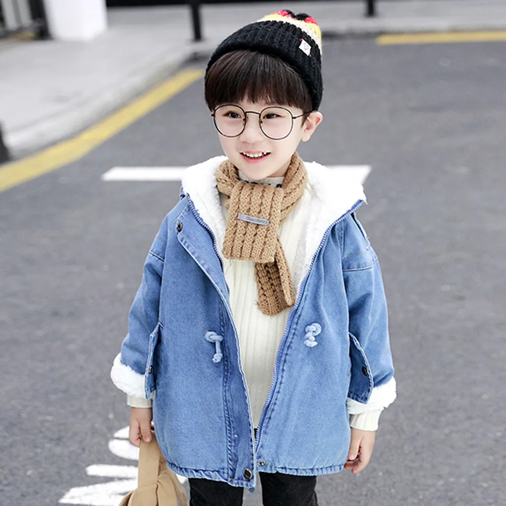 Детское джинсовое пальто SAGACE плотное теплое с мехом Повседневная Верхняя одежда